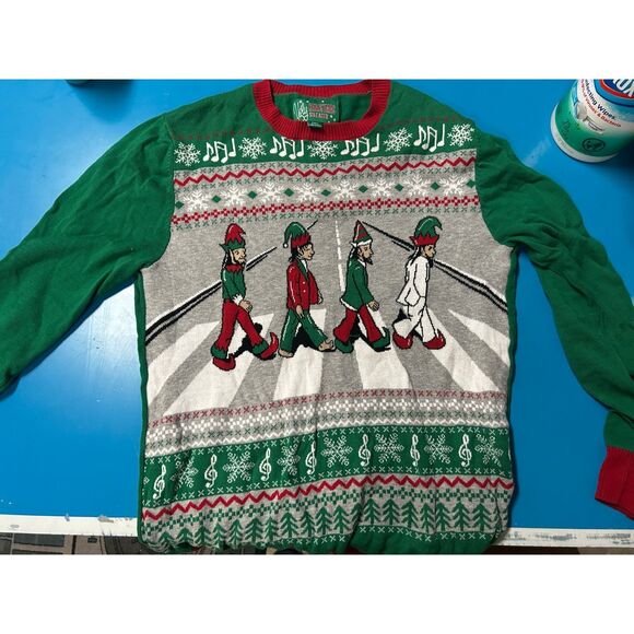 Beatles Abbey Road Ugly Christmas Sweater M Green Red Holiday Knit - Picture 1 of 4